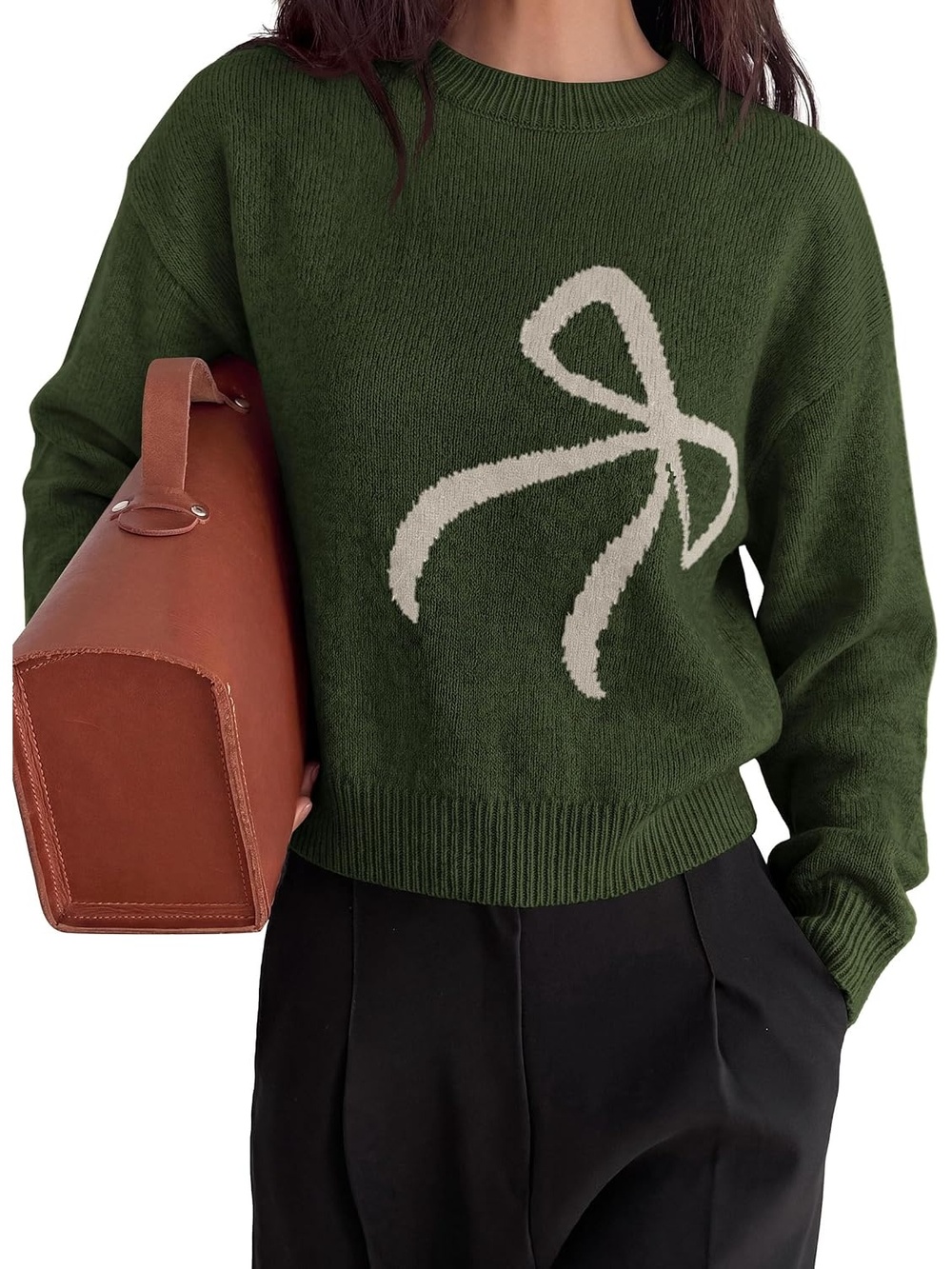 🆕Women's Army Green Crewneck Long Sleeve Bow Knit Cozy Relaxed Pullover Sweater